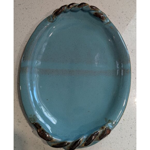 Handcrafted Turquoise Ceramic Platter w/ Twisted Handles Signed by Alana 2010 - Picture 8 of 10